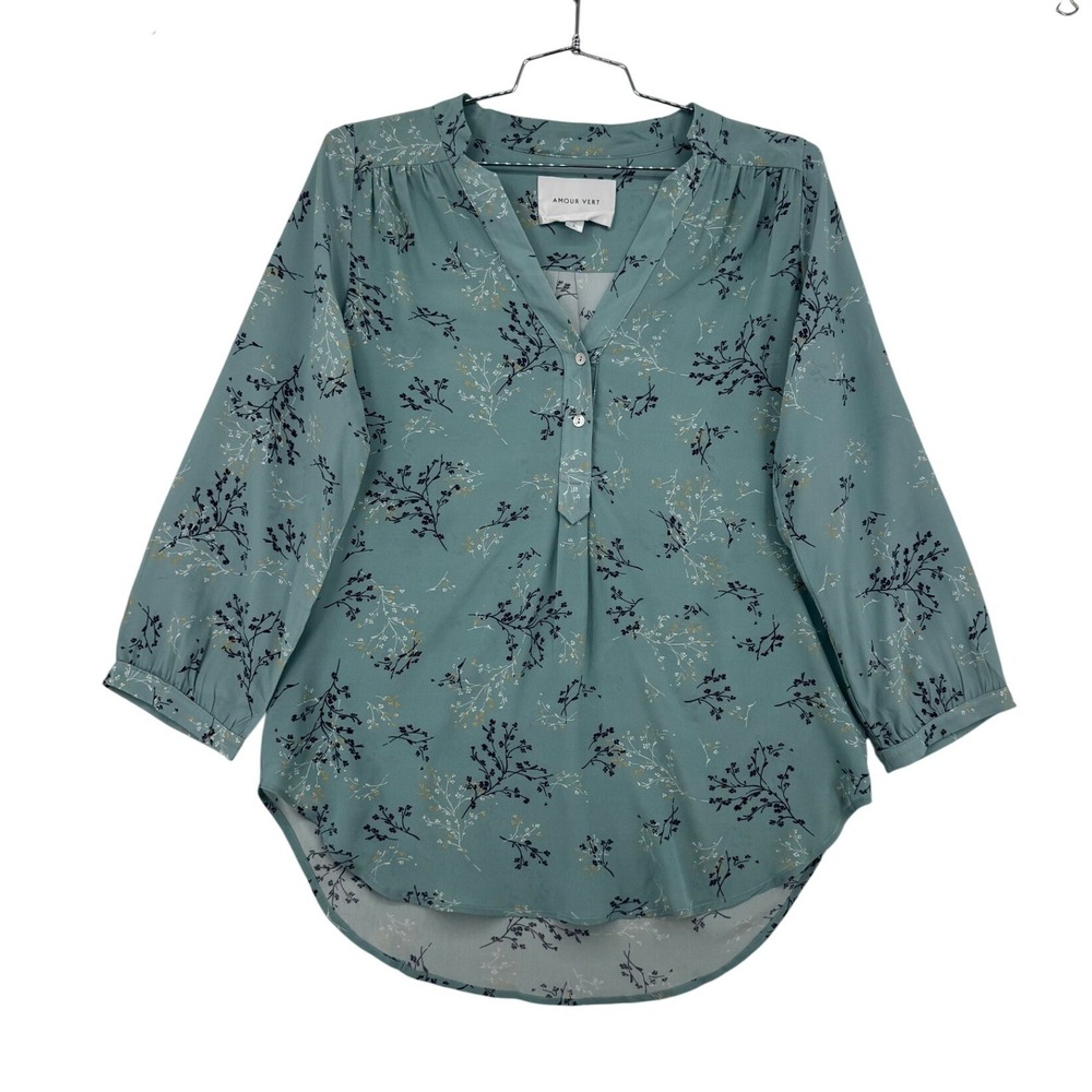 Amour Vert Floral Silk Blouse Womens Large Blue Excellent 3/4 Sleeve V-Neck Top
